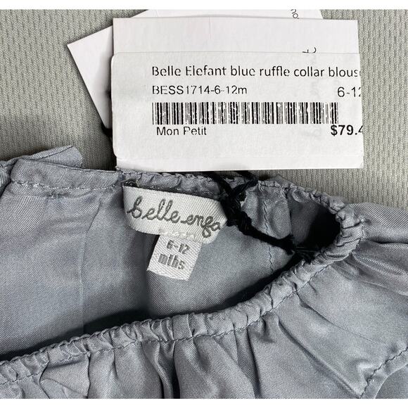NWT Belle Enfant Blue-Gray Ruffle Collar Silk Blouse Baby Girls 6 9 12 Mo - Picture 3 of 3